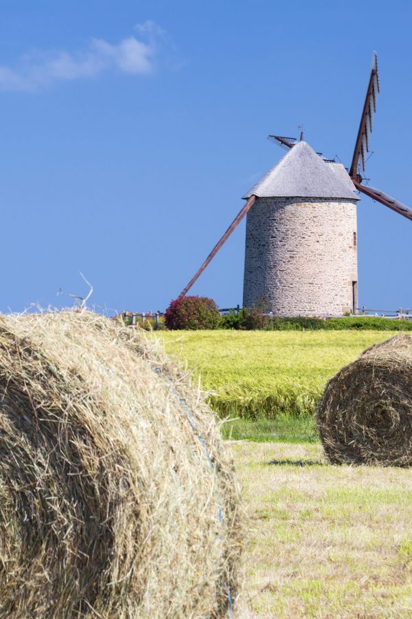 Windmill, wheat field and straw, France, Europe.